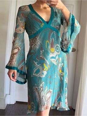 Arden B 100% Silk Paisley Teal fairycore boho Bell Sleeve baby doll Dress